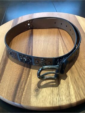 FOSSIL Patchwork Weathered Leather Bronze Black Brown Embossed Studded Sz L